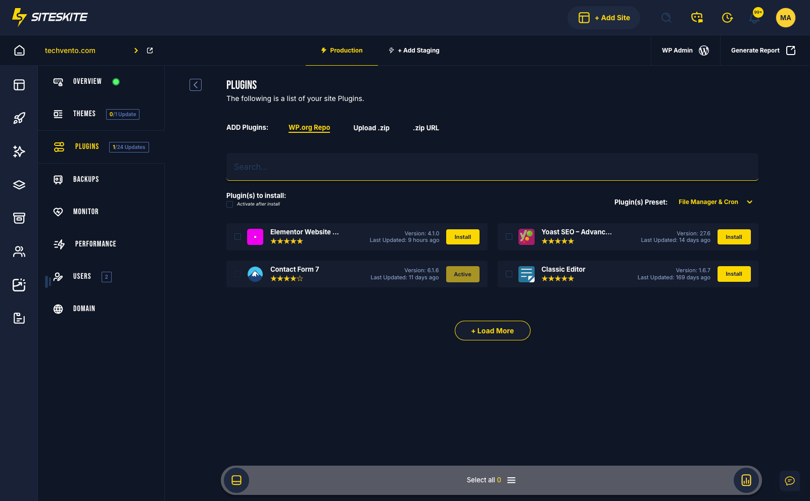 SiteSkite Add Plugins flow for installing WordPress plugins on linked or sandbox sites