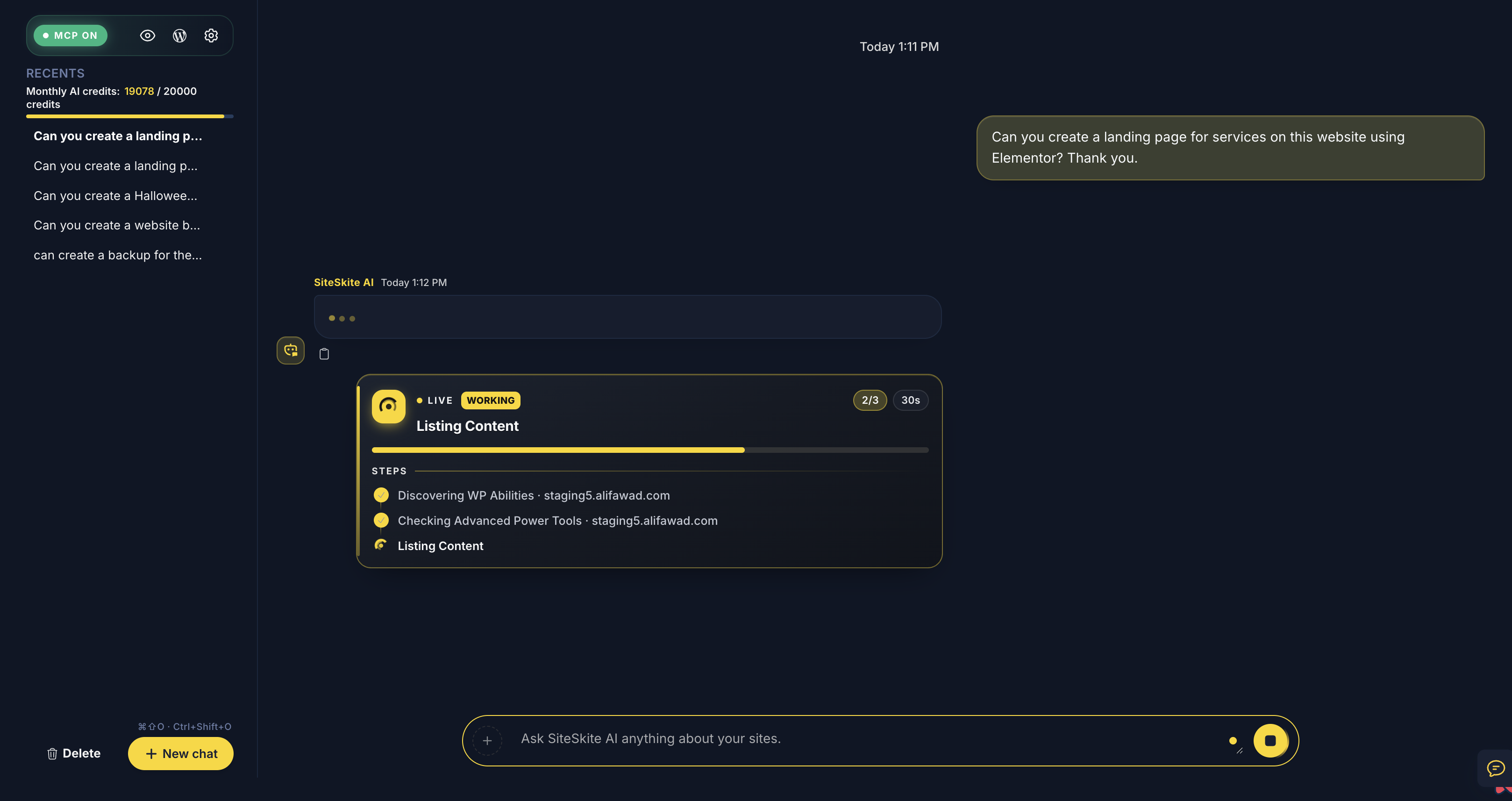 SiteSkite AI Chat with Edit with AI active for live WordPress changes on a linked site
