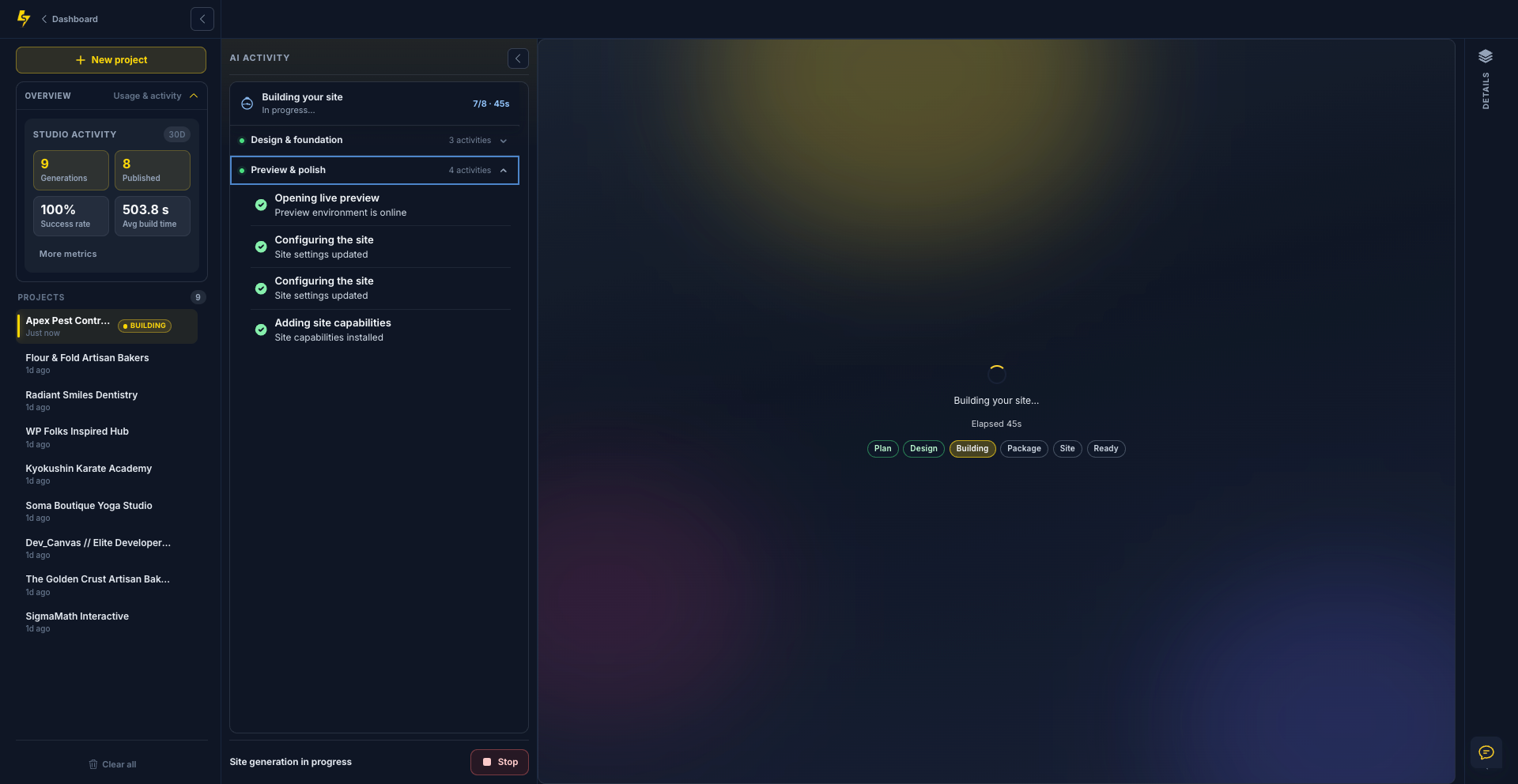 AI Site Studio activity timeline showing design, build, and preview progress