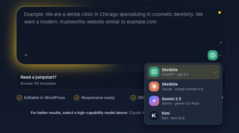 AI Site Studio model selector with GPT, Claude, Gemini, and Kimi options