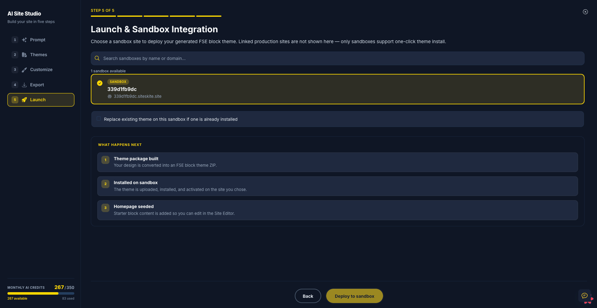 AI Site Studio sandbox deployment picker for launching a generated theme to WordPress