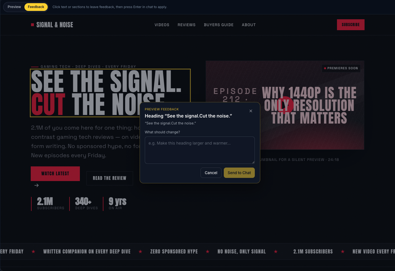 AI Site Studio Feedback mode with a selected heading and Preview Feedback dialog to send changes to Chat