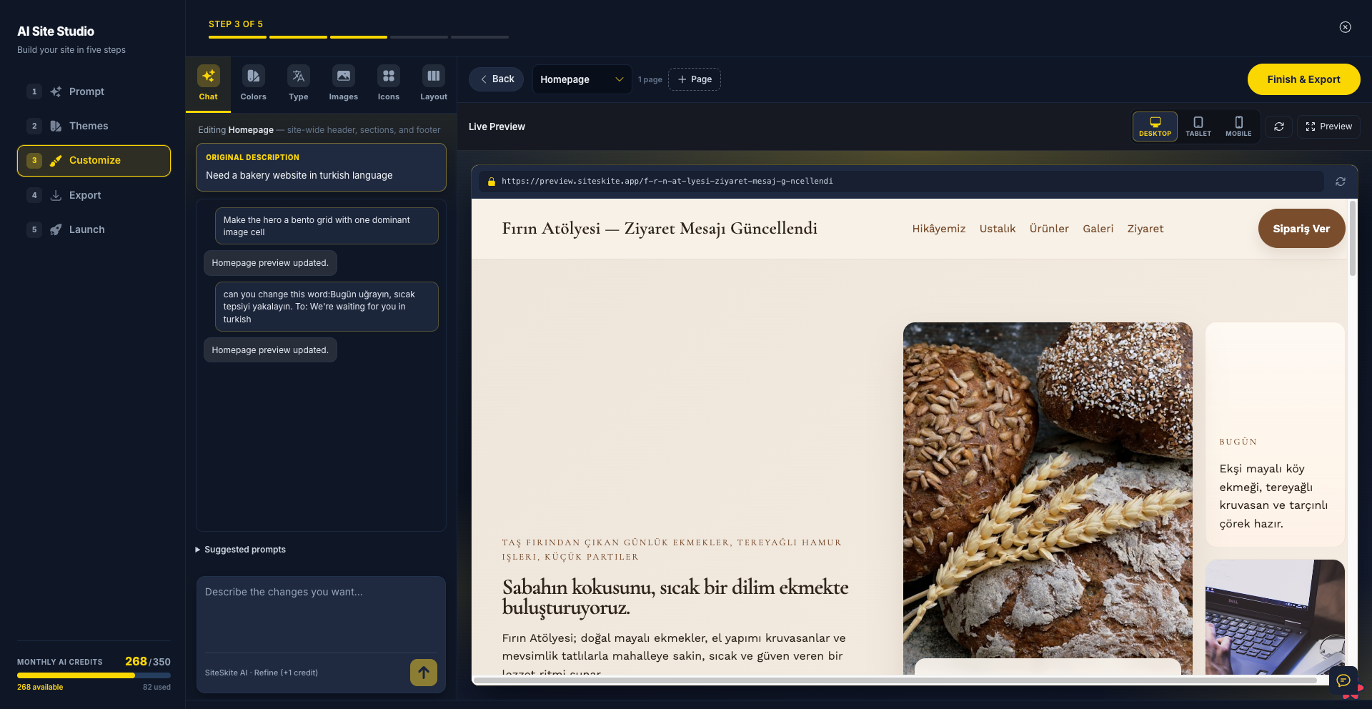 AI Site Studio customization panel with live preview for colors typography and AI chat refinements