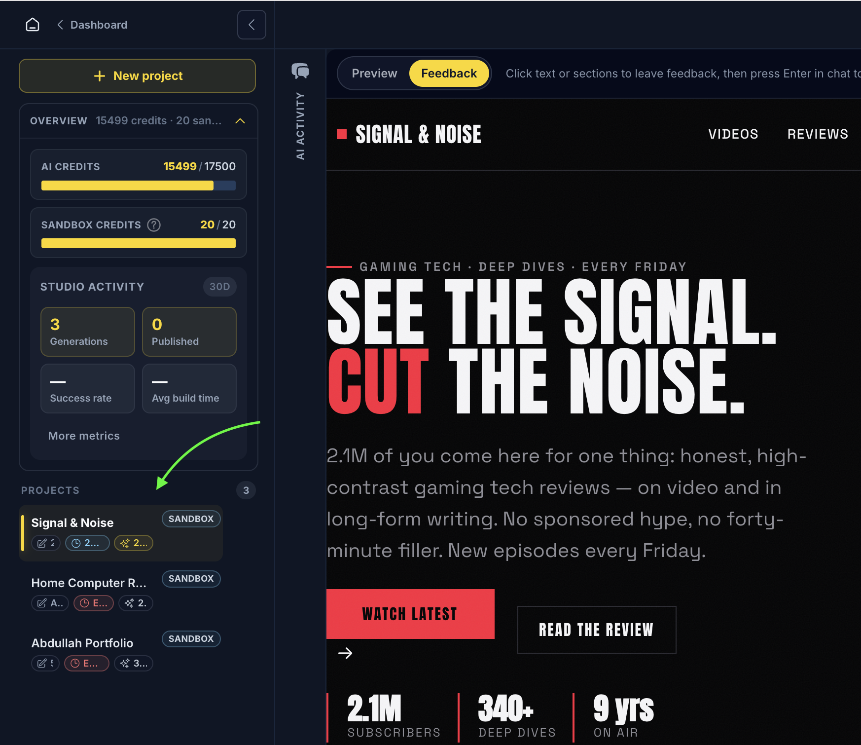 AI Site Studio projects list with dedicated SANDBOX environments for each AI-generated website