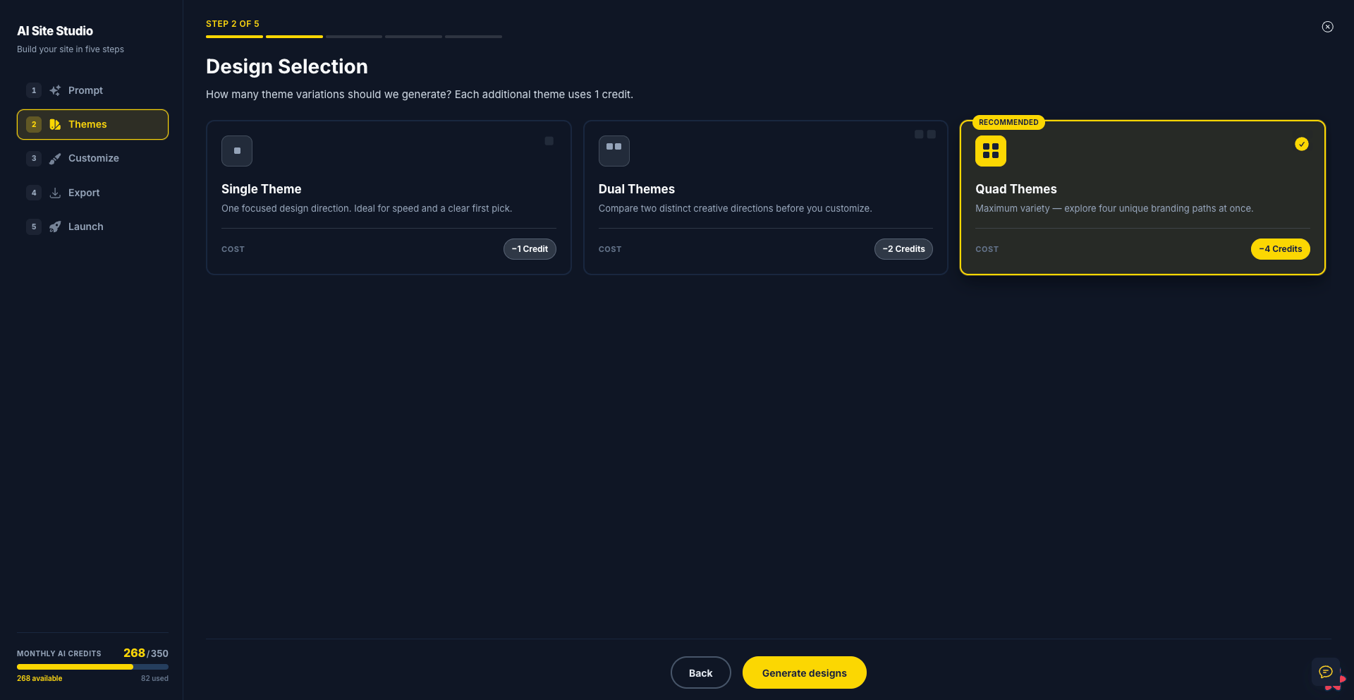AI Site Studio design selection comparing multiple generated WordPress theme concepts