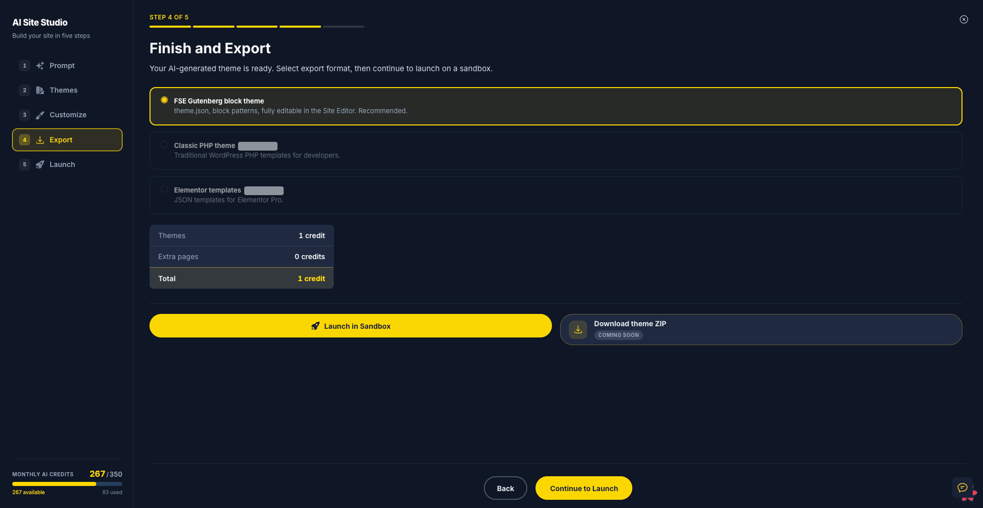 AI Site Studio export options for WordPress Full Site Editing block theme