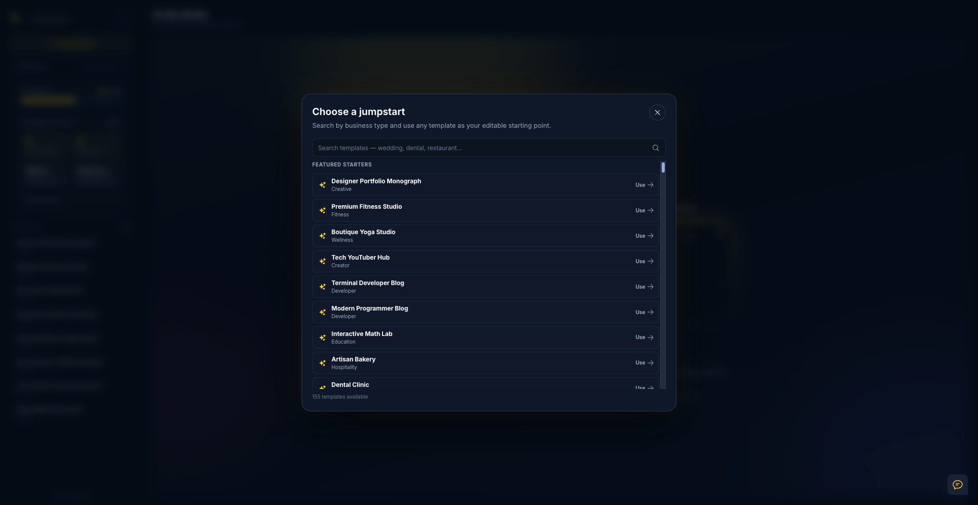 Searchable AI Site Studio jumpstarts for business and creator WordPress websites
