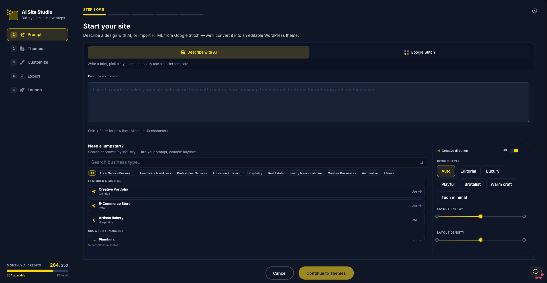 AI Site Studio prompt screen for describing a WordPress website idea with creative direction controls