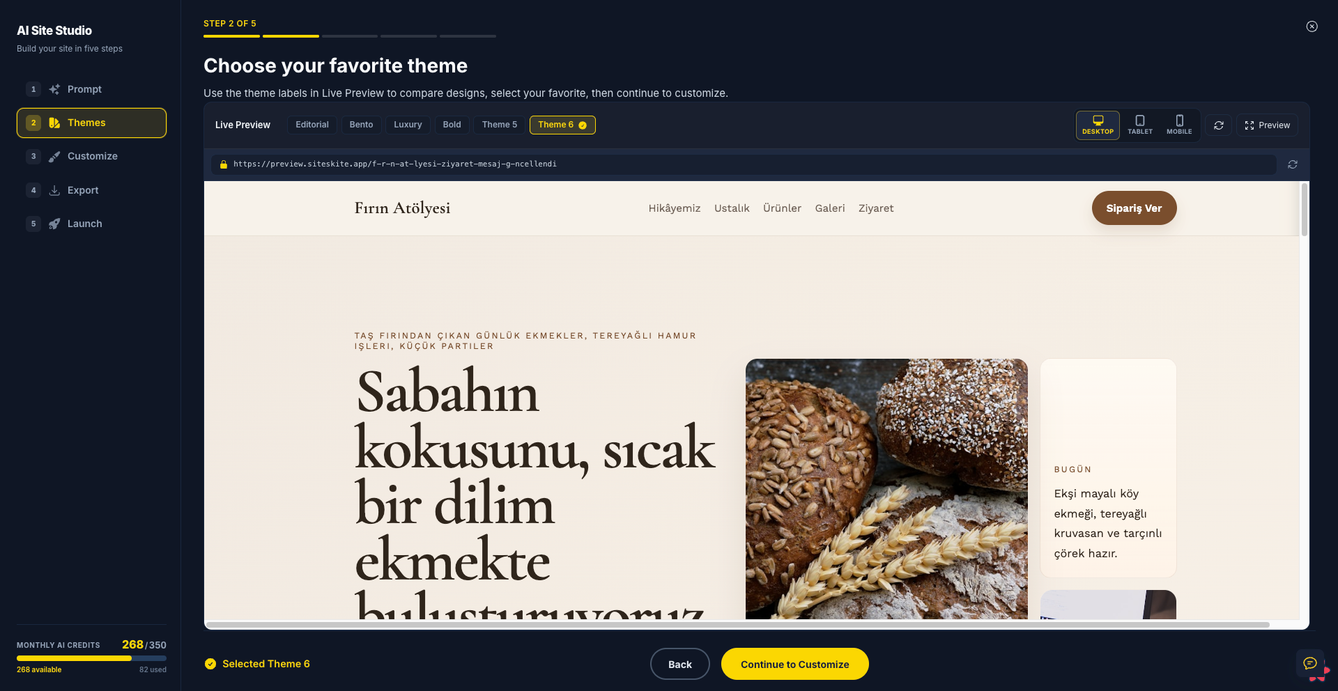 AI Site Studio live browser preview of a generated WordPress theme concept