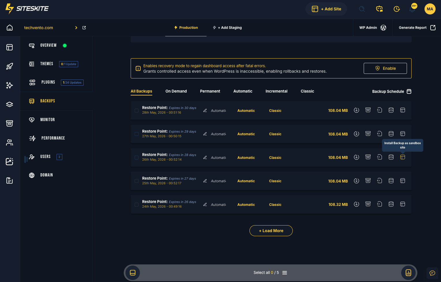 SiteSkite Clone from Backup action creating an isolated sandbox site from a backup restore point