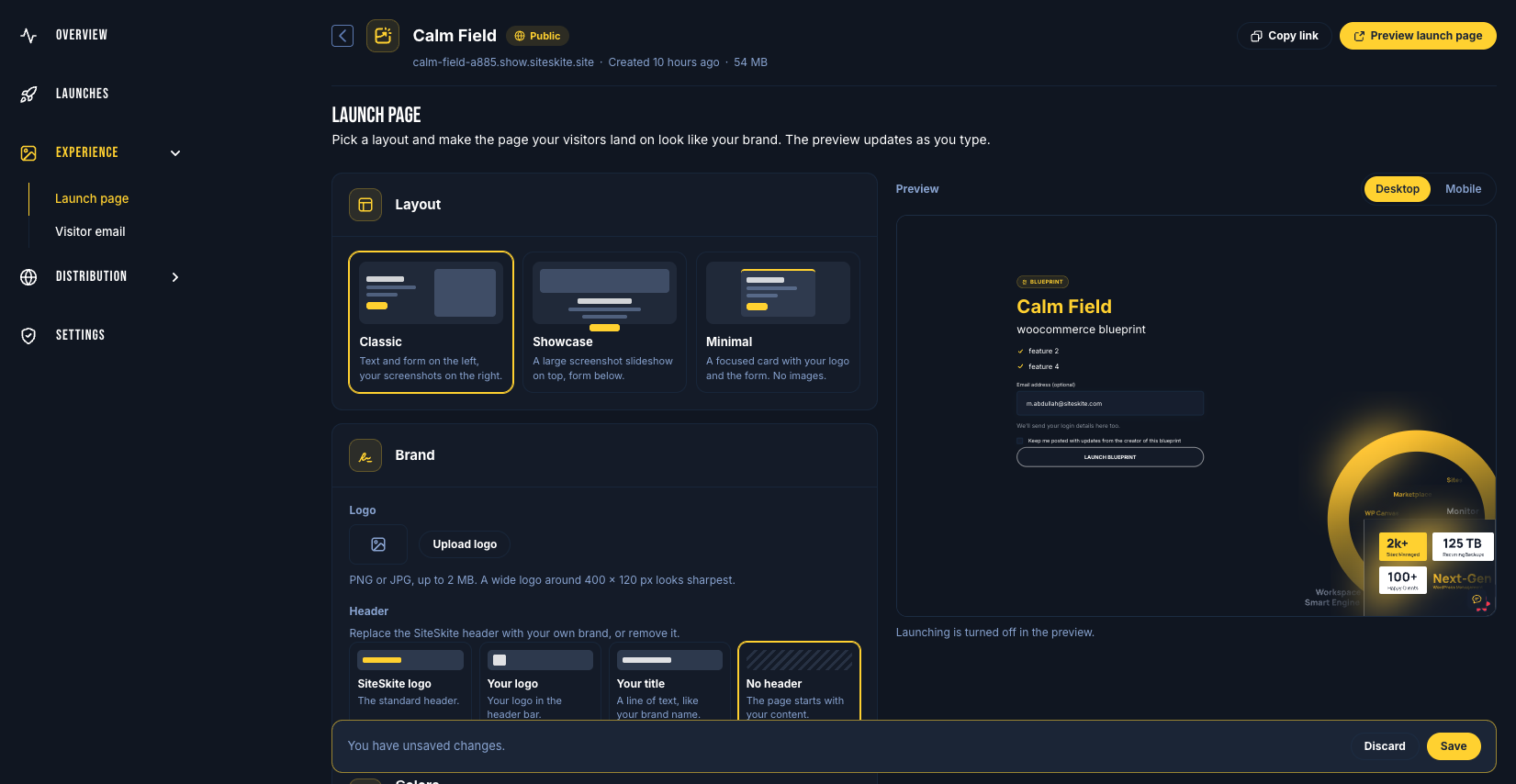 SiteSkite blueprint launch page editor with layouts, logo, header options and a live desktop preview