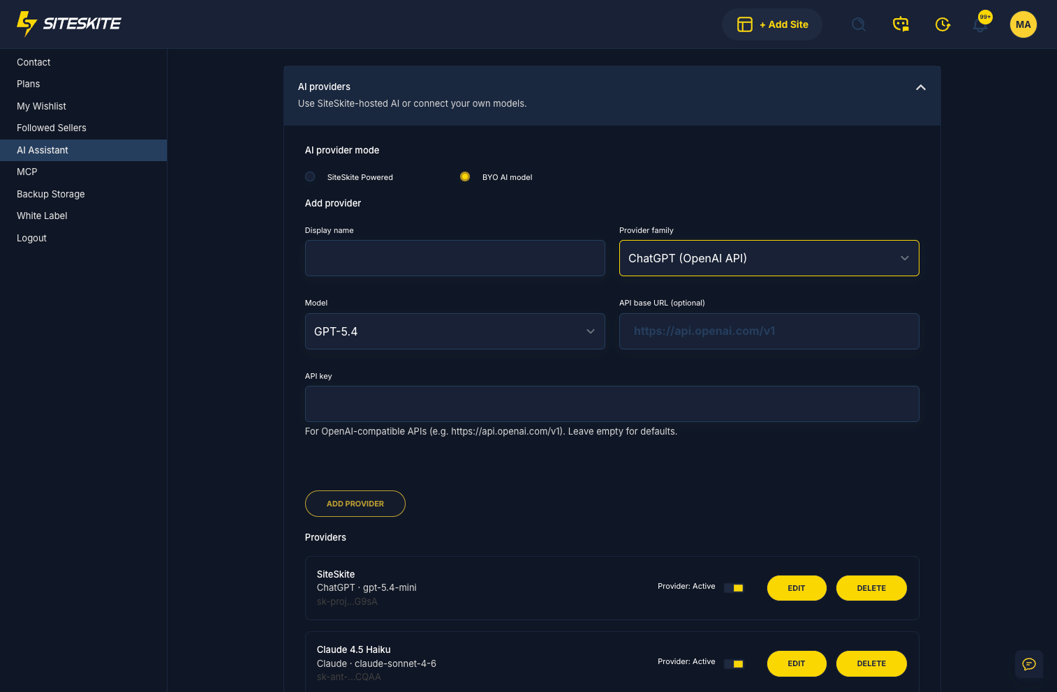 SiteSkite BYO LLM provider settings for OpenAI and Anthropic API keys