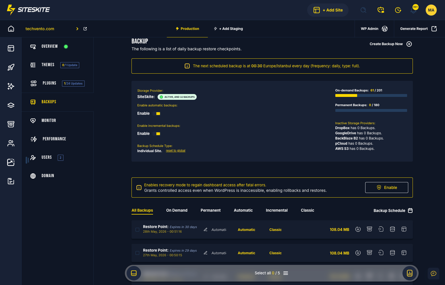 SiteSkite Backup tab showing classic full and incremental backup type toggle
