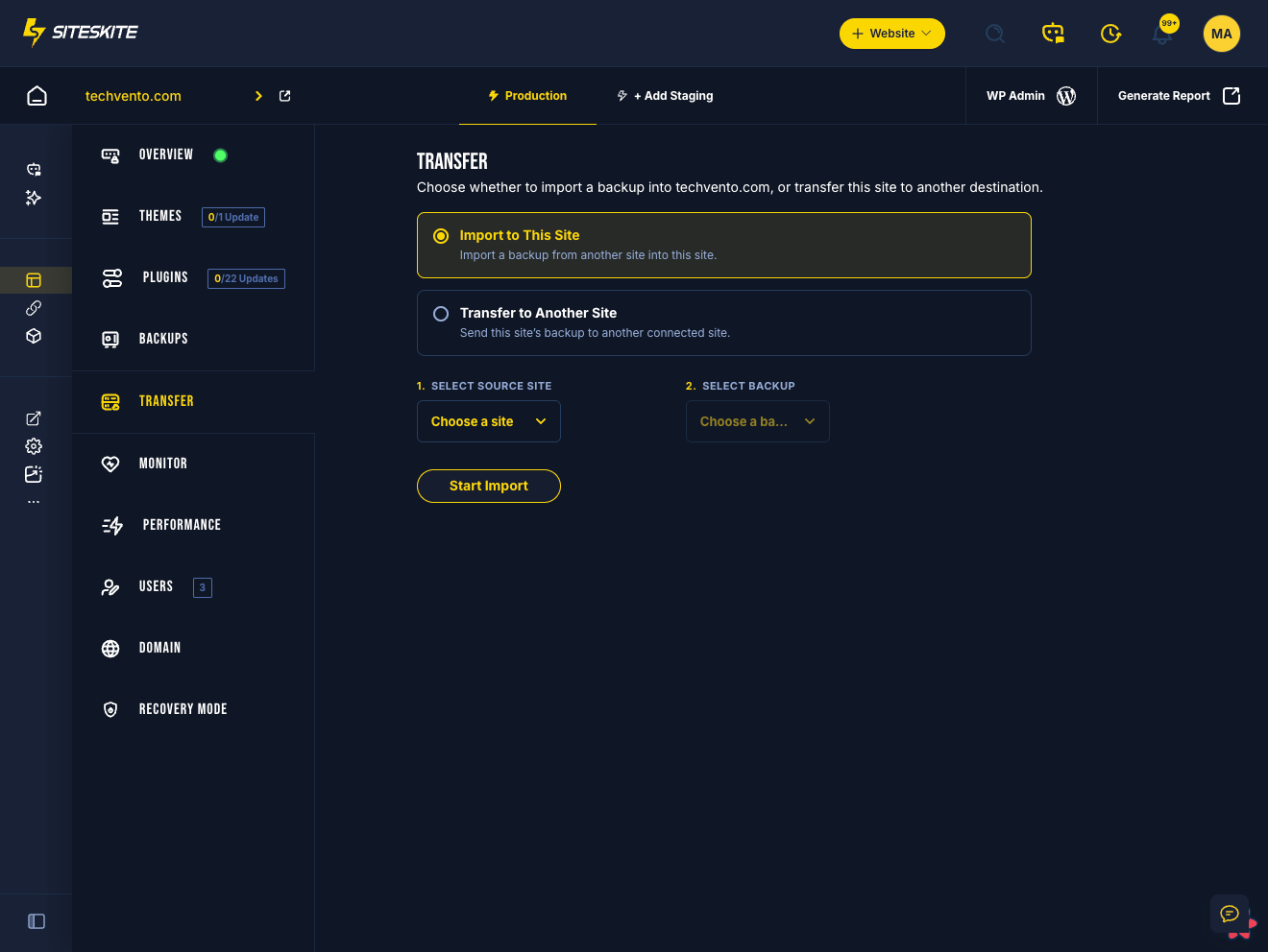 SiteSkite Transfer tab with Import to This Site and Transfer to Another Site options for backup-powered WordPress migration