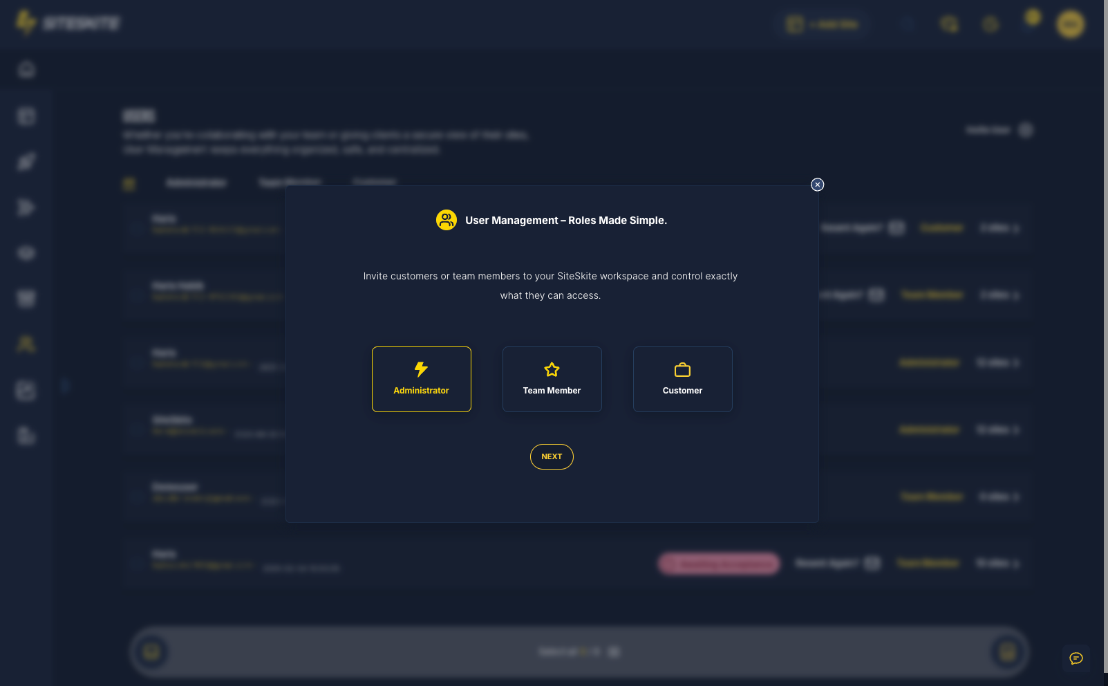 SiteSkite team workspace and user invitation settings