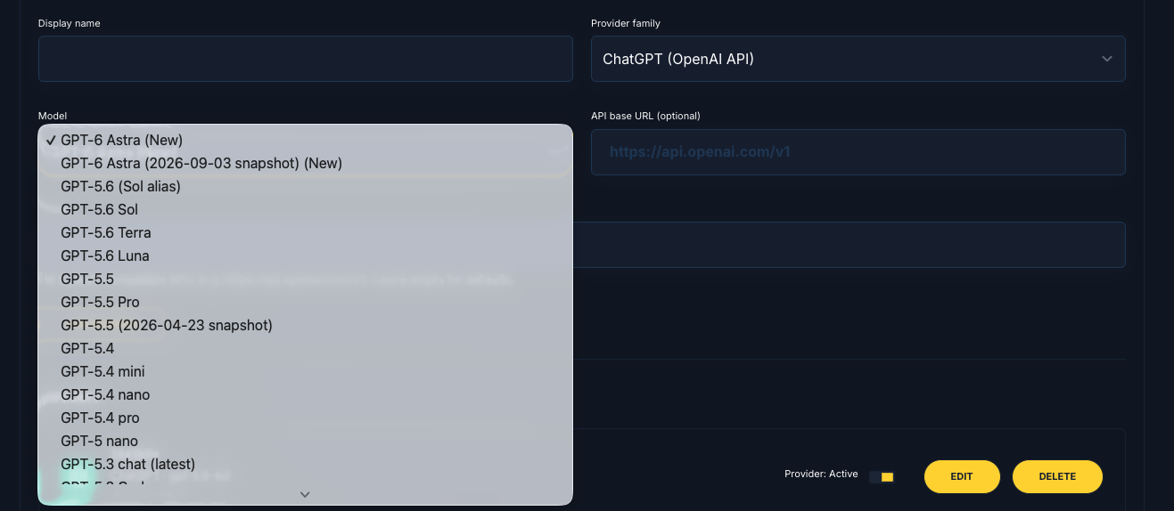 SiteSkite model picker with GPT-6 Astra selected for a ChatGPT provider