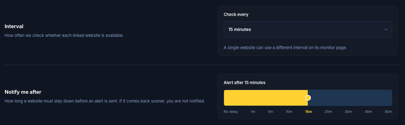 SiteSkite monitor settings for how often each linked site is checked, and how long it must stay down before an alert