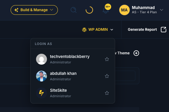 SiteSkite WP Admin menu to log in as a chosen WordPress administrator