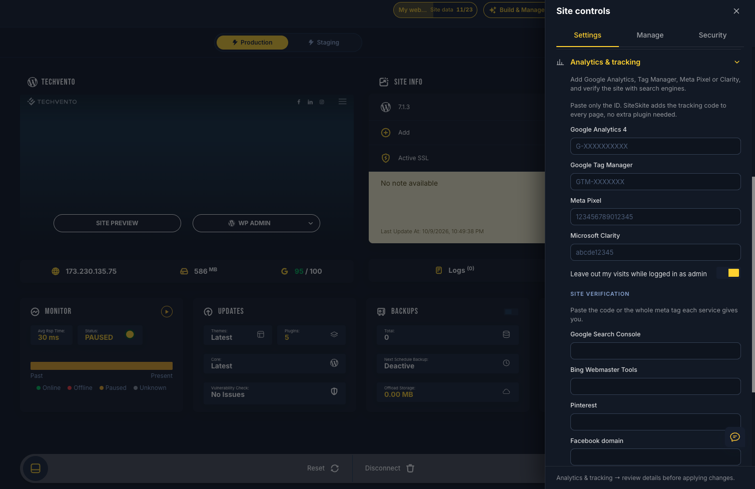 SiteSkite Analytics & tracking panel with Google Analytics 4, Tag Manager, Meta Pixel, and Clarity ID fields, an admin-visits toggle, and site verification codes