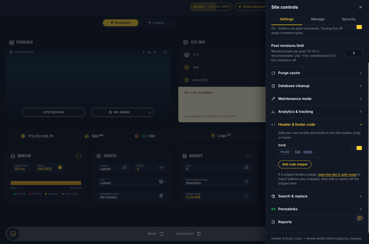 SiteSkite Header & footer code panel with a saved header snippet, an on and off switch, Add code snippet, and a safe mode link
