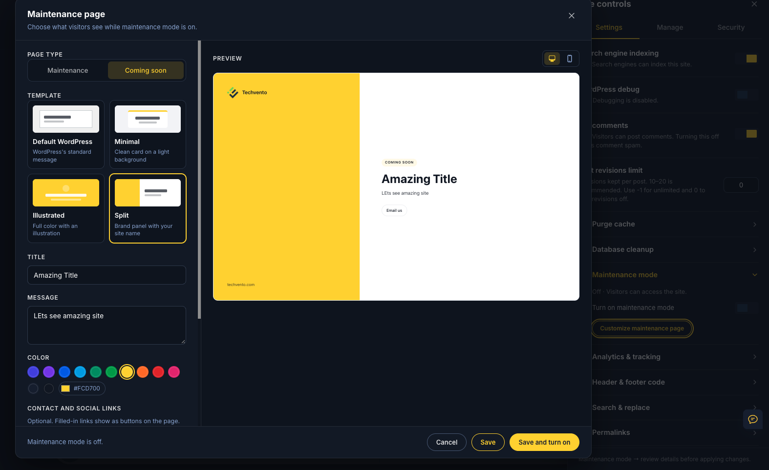 SiteSkite maintenance page editor with Maintenance and Coming soon page types, four templates, title, message, brand color, and a live desktop preview