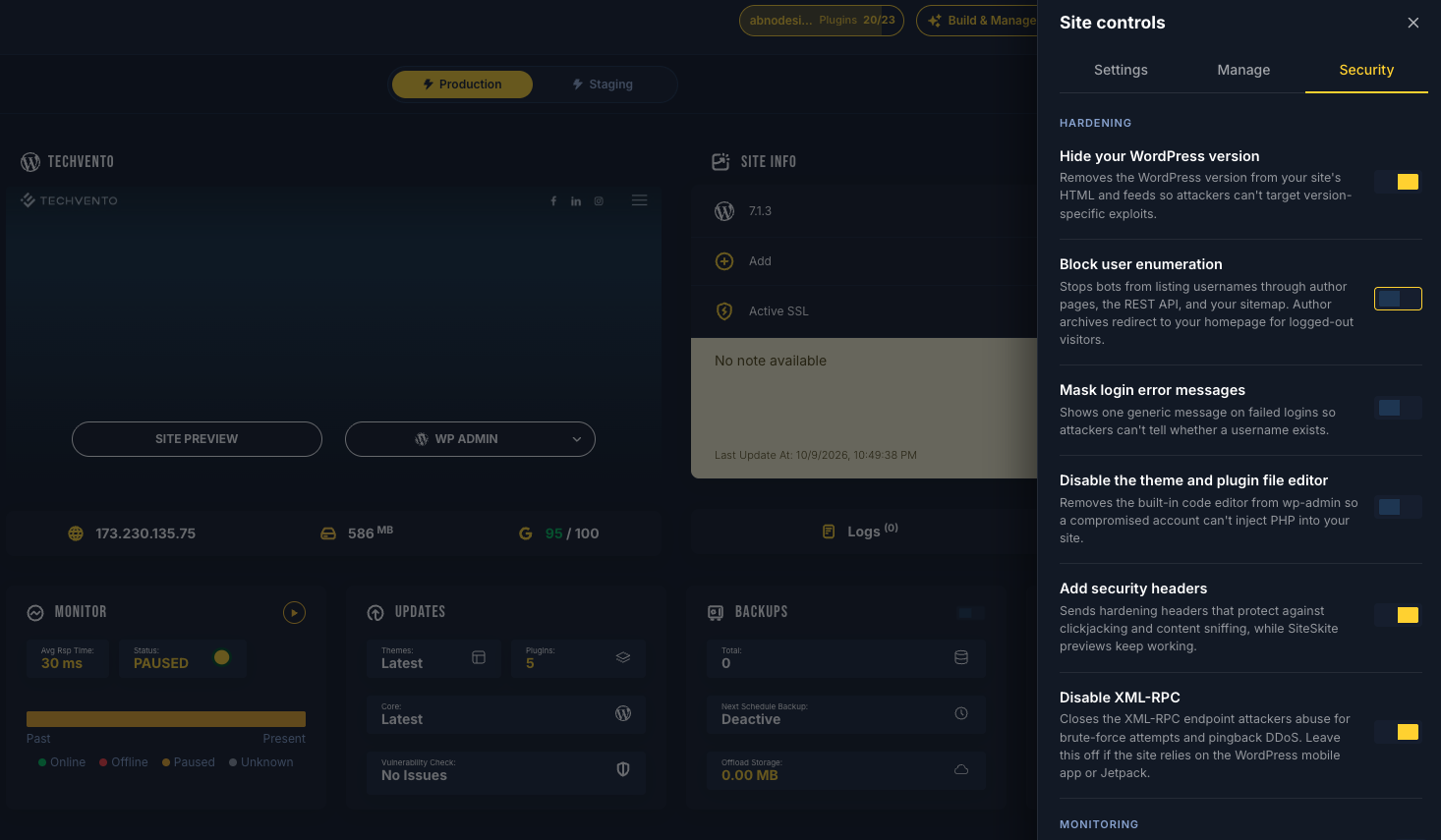 SiteSkite Site controls Security tab with switches to hide the WordPress version, block user enumeration, mask login errors, disable the file editor, add security headers, and disable XML-RPC