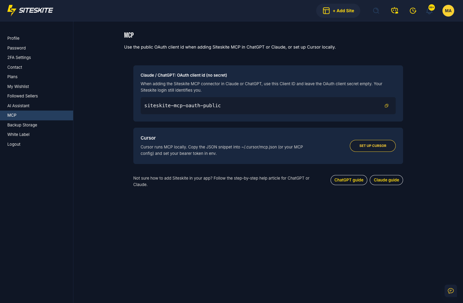 SiteSkite MCP connector settings for ChatGPT, Claude, and Cursor IDE