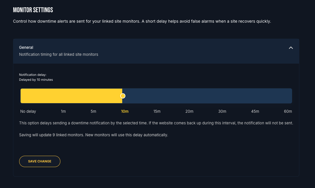 SiteSkite global Monitor Settings with downtime notification delay options