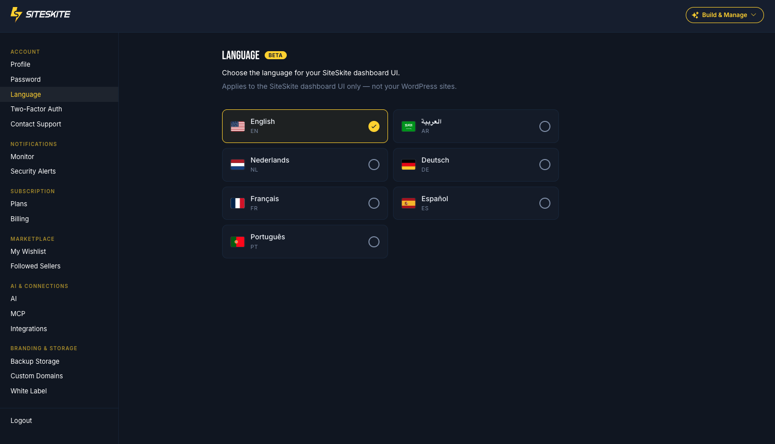 SiteSkite portal language settings with multilingual dashboard support
