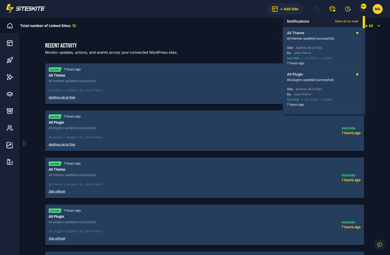 SiteSkite toast notifications confirming WordPress maintenance actions in the portal