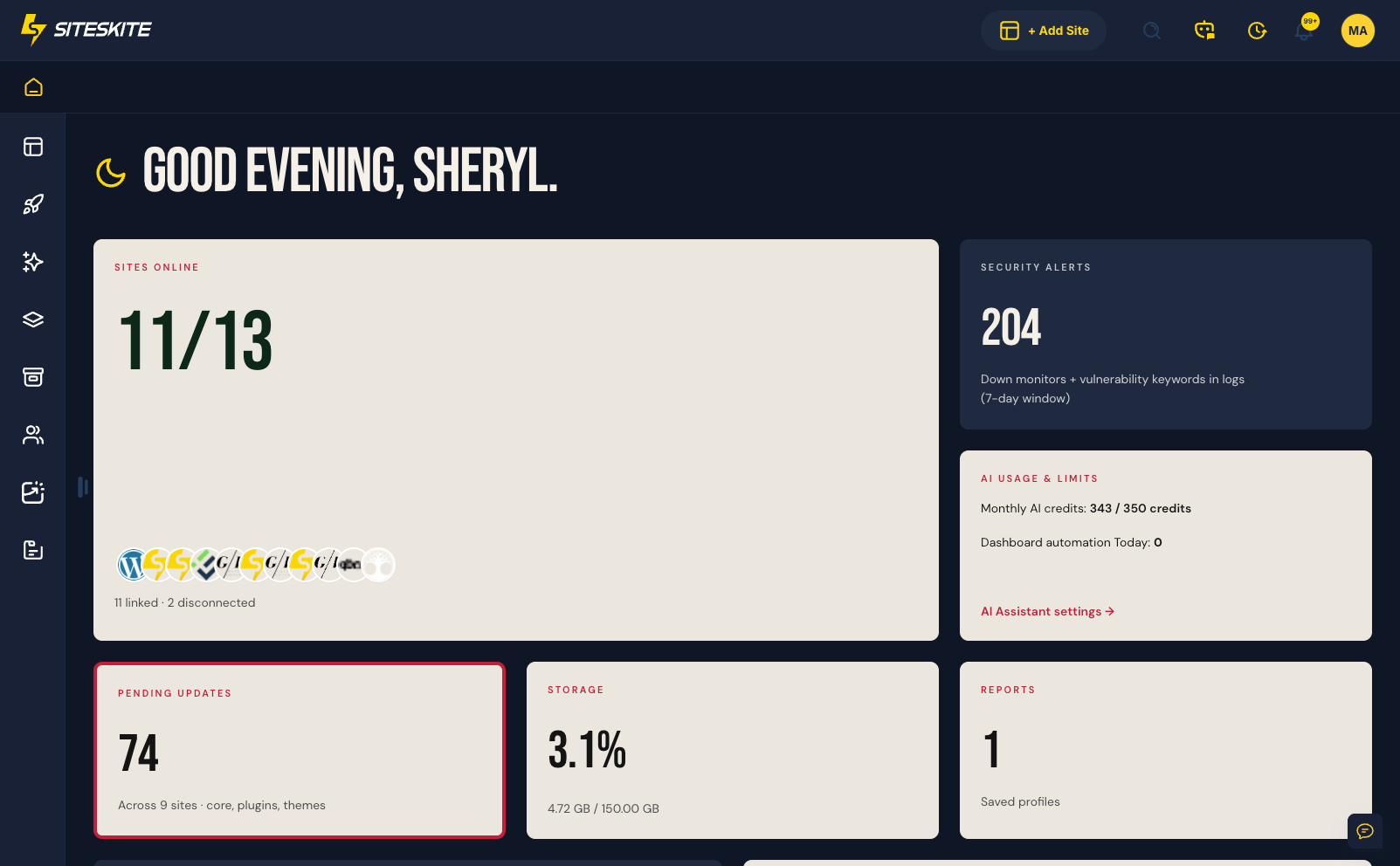 SiteSkite omni dashboard for hosting teams managing customer WordPress sites
