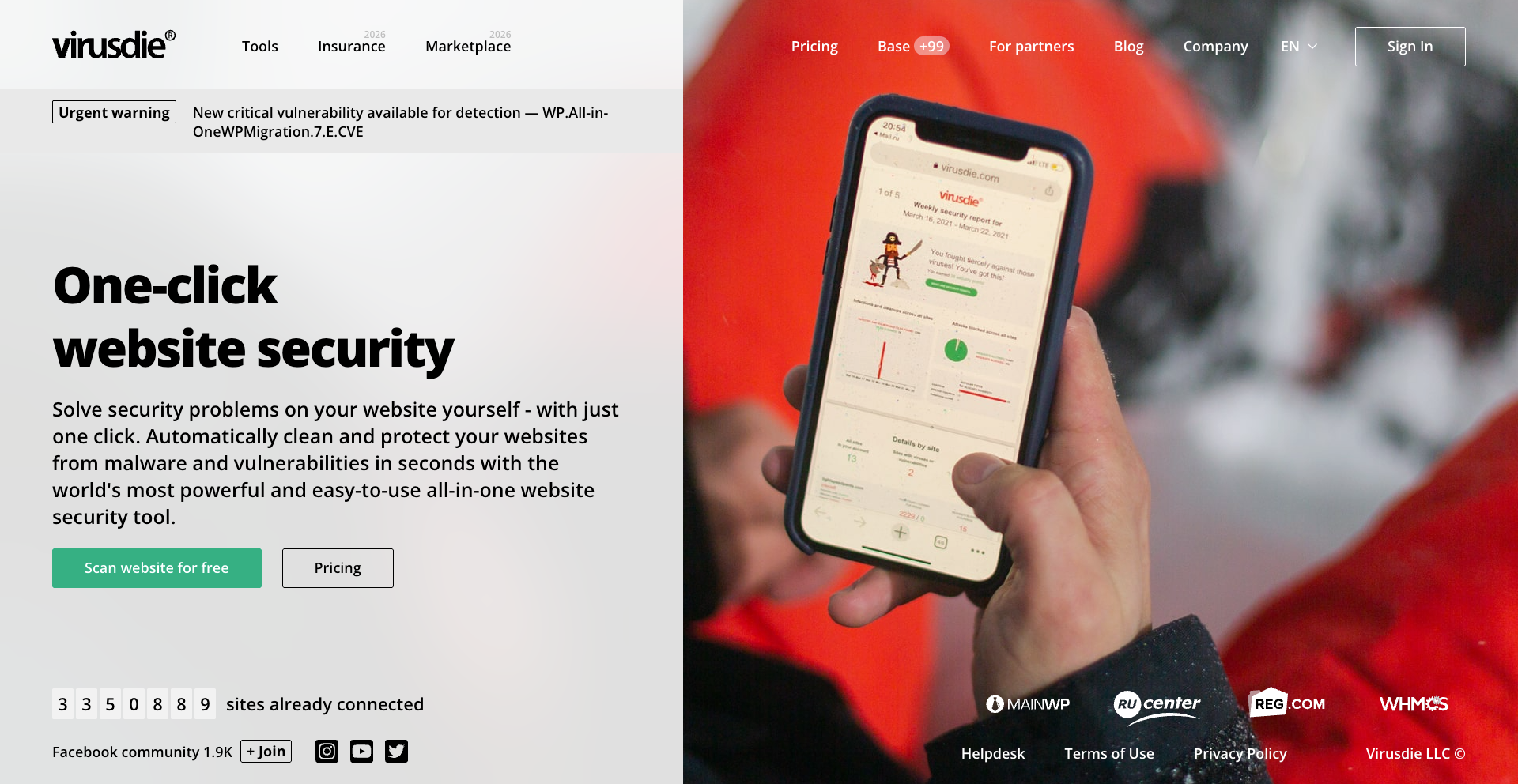 VirusDie.com one-click website security validation for the SiteSkite WordPress plugin