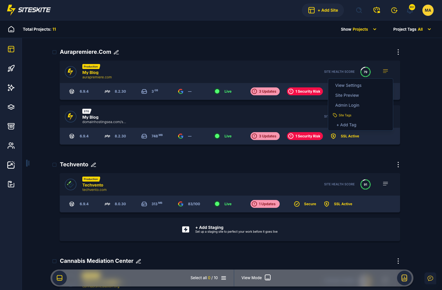 SiteSkite one-click Admin Login from the linked sites Actions menu