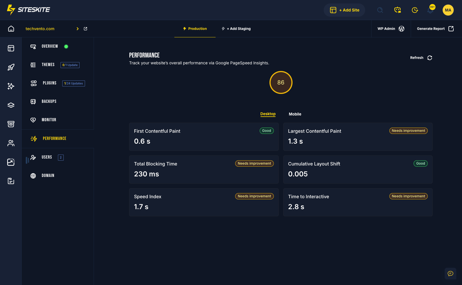 SiteSkite Page Speed Performance dashboard showing Core Web Vitals LCP INP and CLS metrics