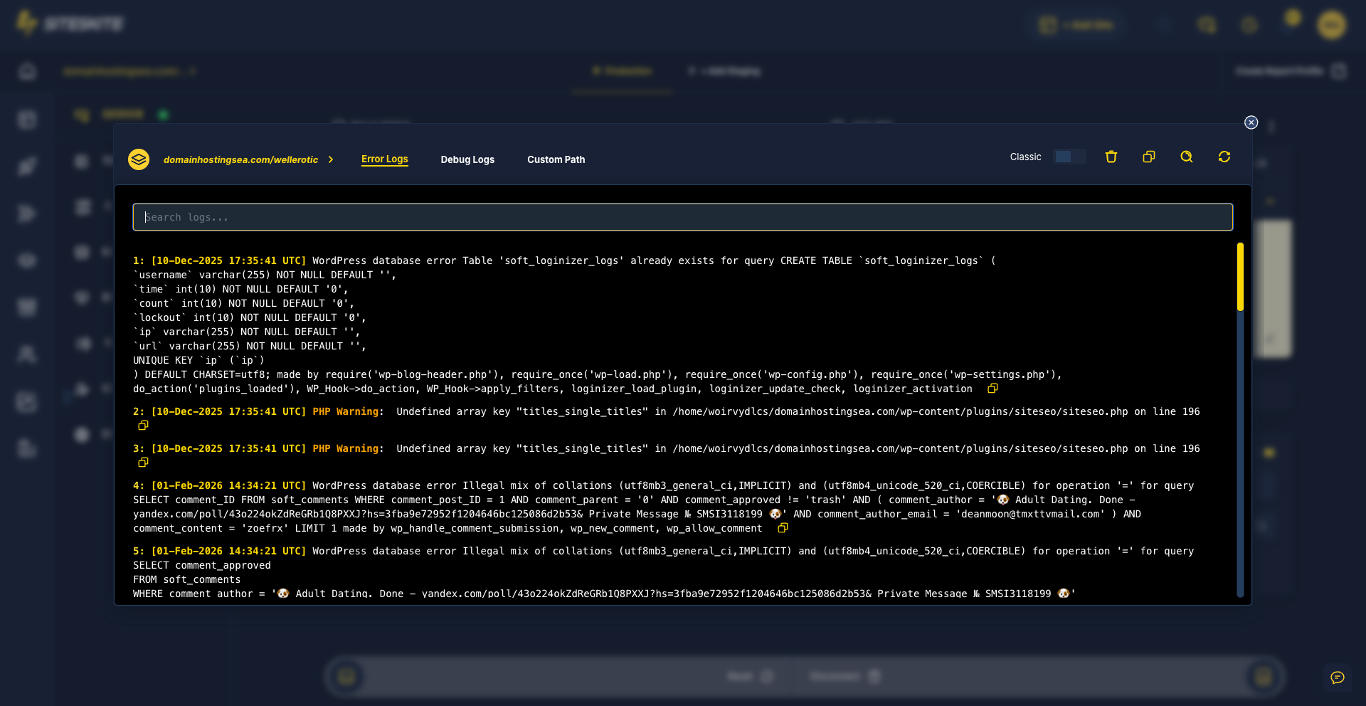 SiteSkite Pretty Logs viewer with syntax-highlighted PHP error and debug log entries