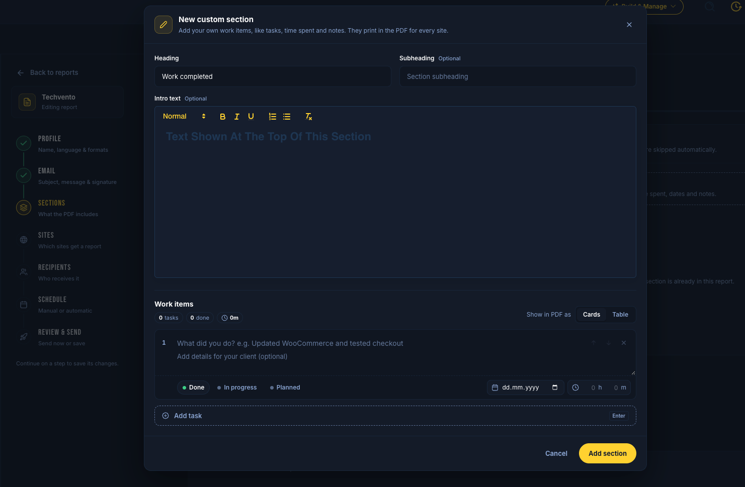SiteSkite custom report section with work items, status, date and time spent