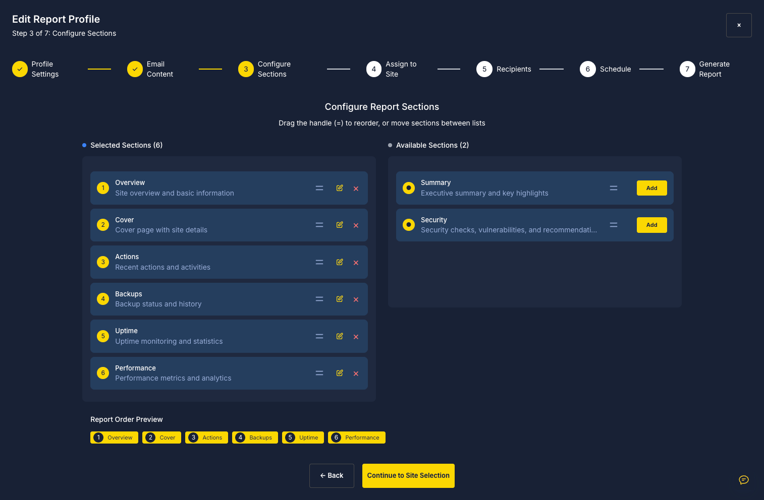 SiteSkite Reports dashboard with report profiles and maintenance report setup