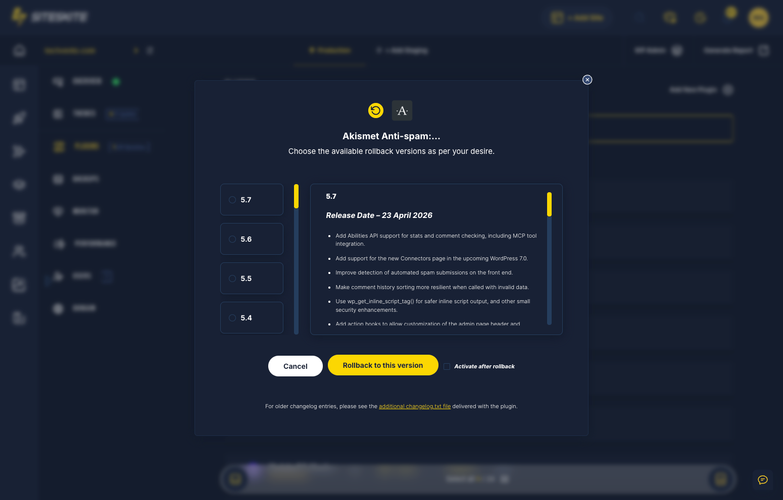 SiteSkite plugin rollback viewer with previous version list for linked WordPress sites