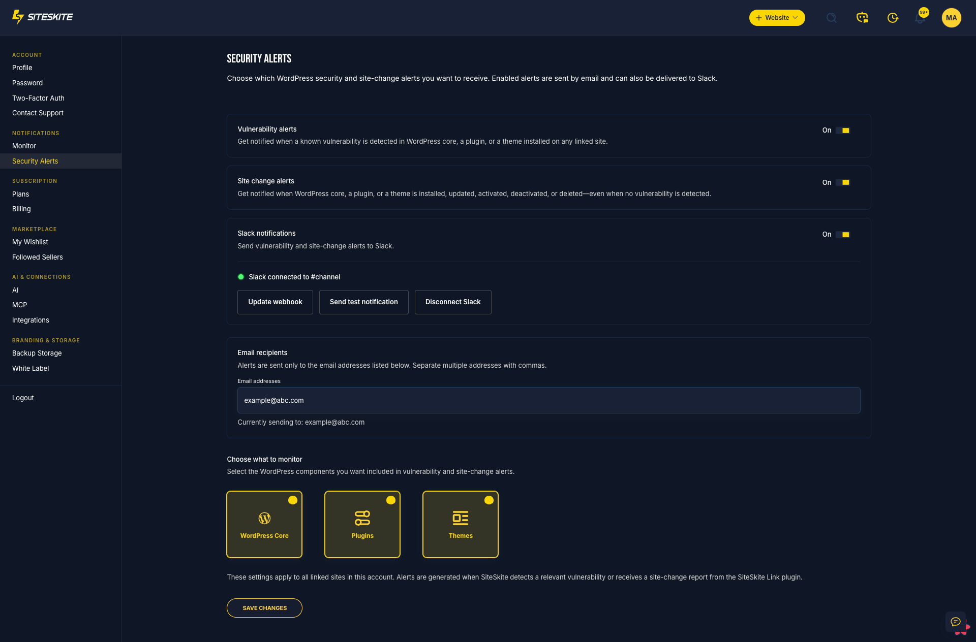 SiteSkite Security Alerts settings with vulnerability alerts, site change alerts, Slack integration, email recipients, and Core Plugins Themes monitoring