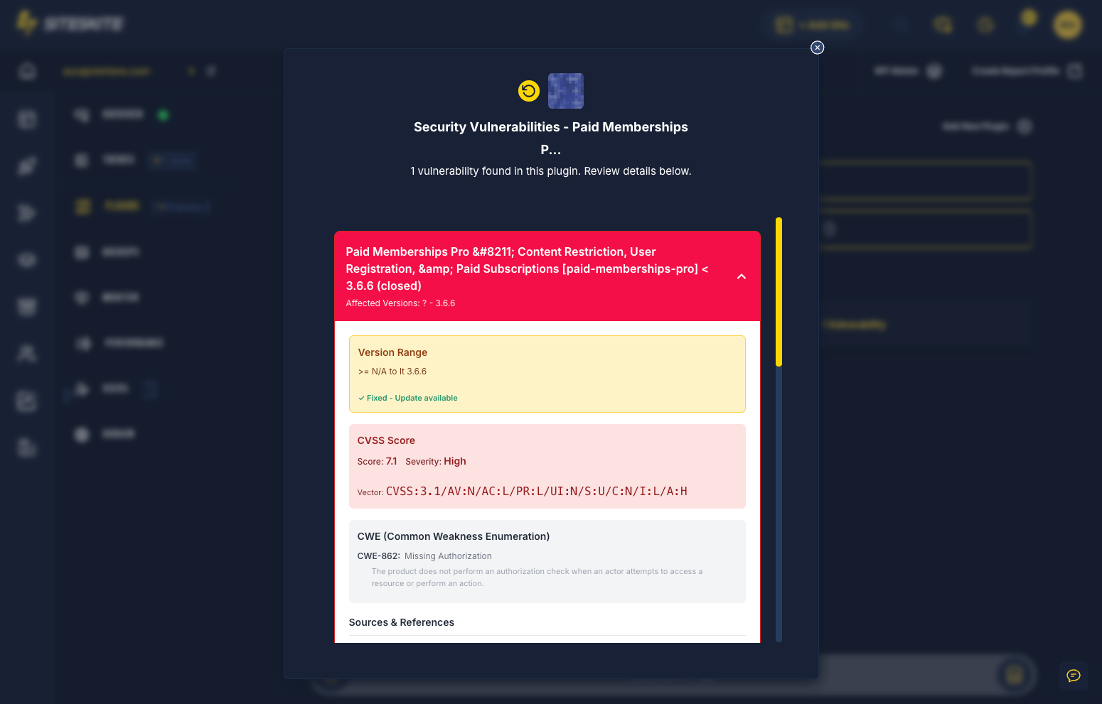 SiteSkite vulnerability detection alerts for WordPress plugins, themes, and core