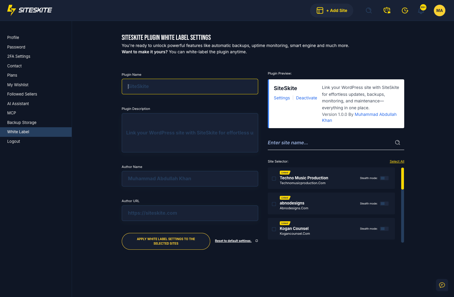 SiteSkite White Label plugin settings for custom agency branding on linked sites