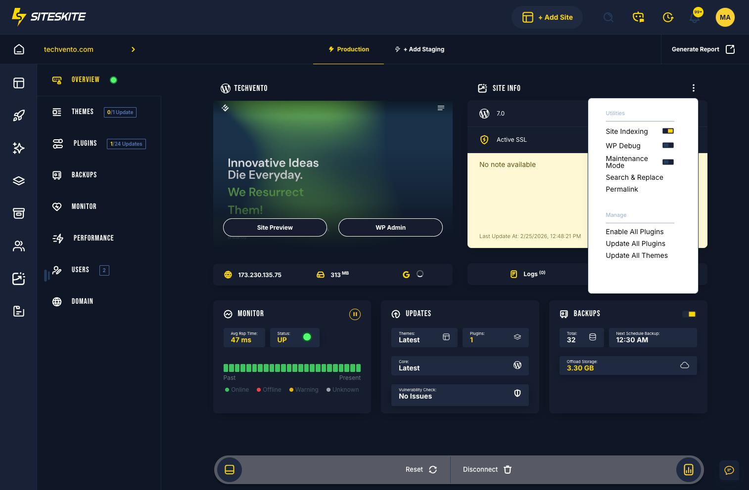 SiteSkite WP CANVAS per-site control panel for linked WordPress site management