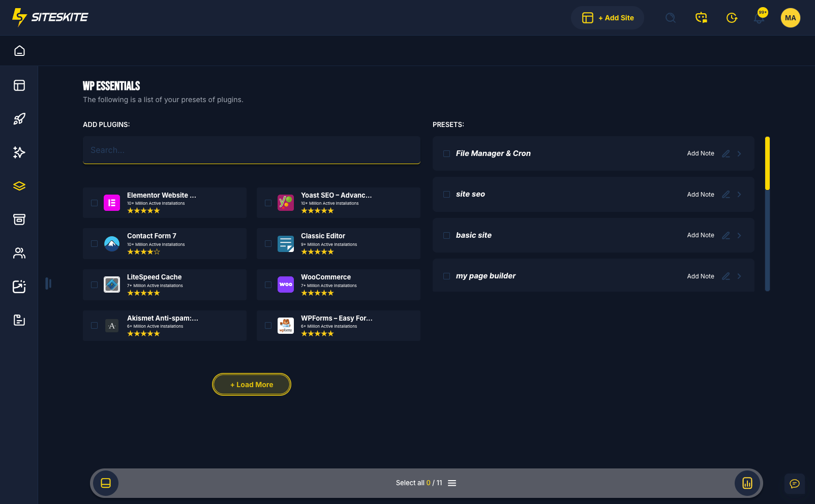 SiteSkite WP Essentials plugin preset management for linked WordPress sites